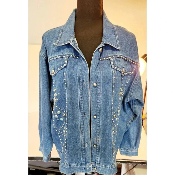 Vintage I.B. Diffusion Denim Jean Jacket Silver & Turquoise Studs Size 1… - Picture 2 of 14